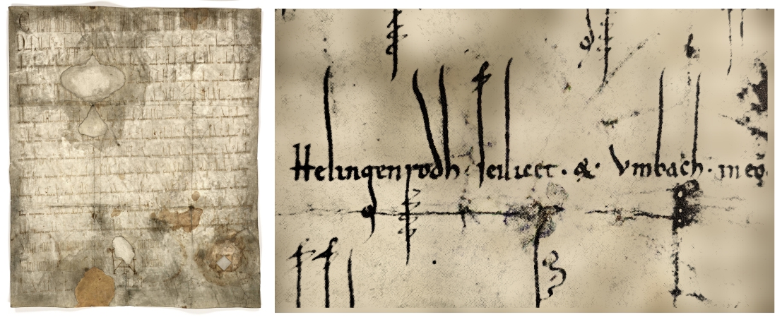 Die Urkunde Heiligenrodes und Umbachs, verfasst in lateinischer Sprache. 8. Mai 1123.